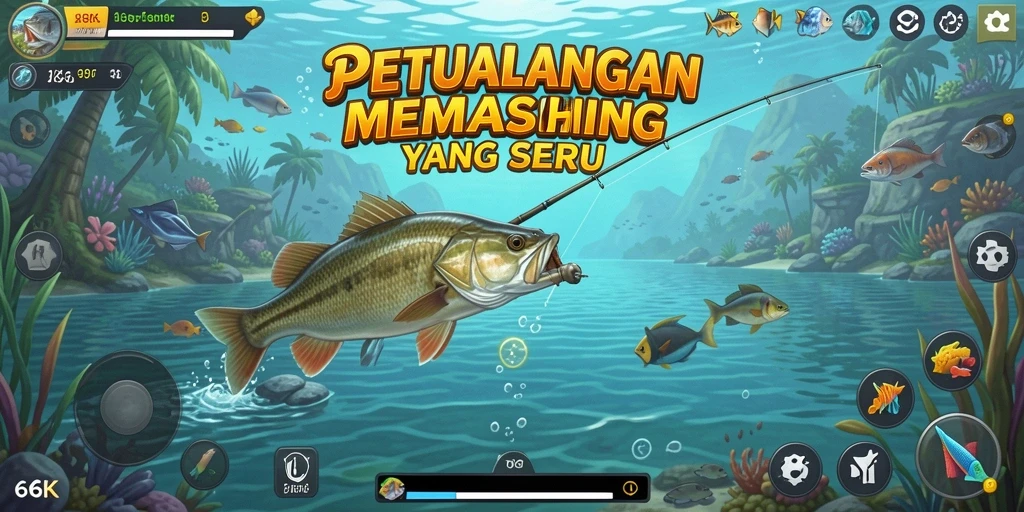 Gameplay memancing yang menarik di 66K dengan ikan yang beragam.