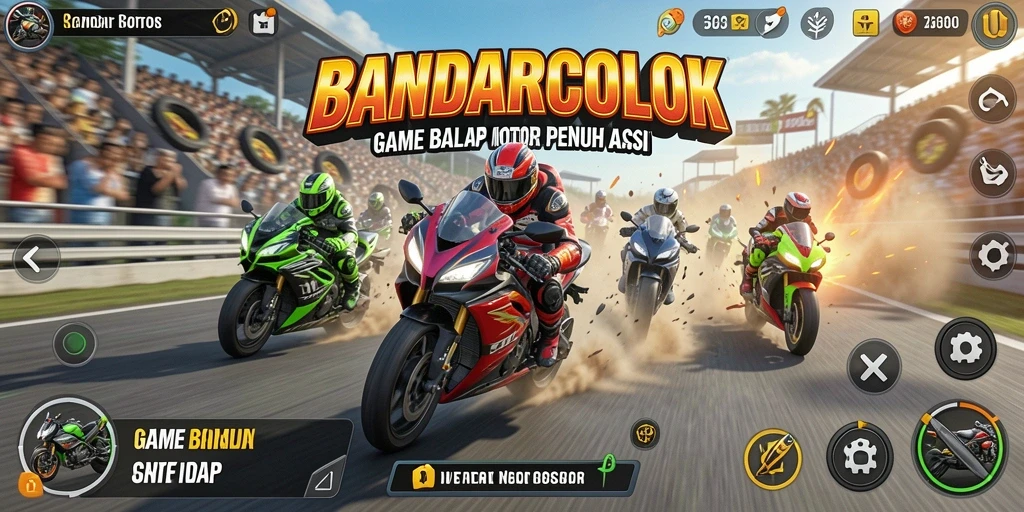 Screenshot utama BANDARCOLOK menampilkan aksi balapan motor yang mendebarkan.