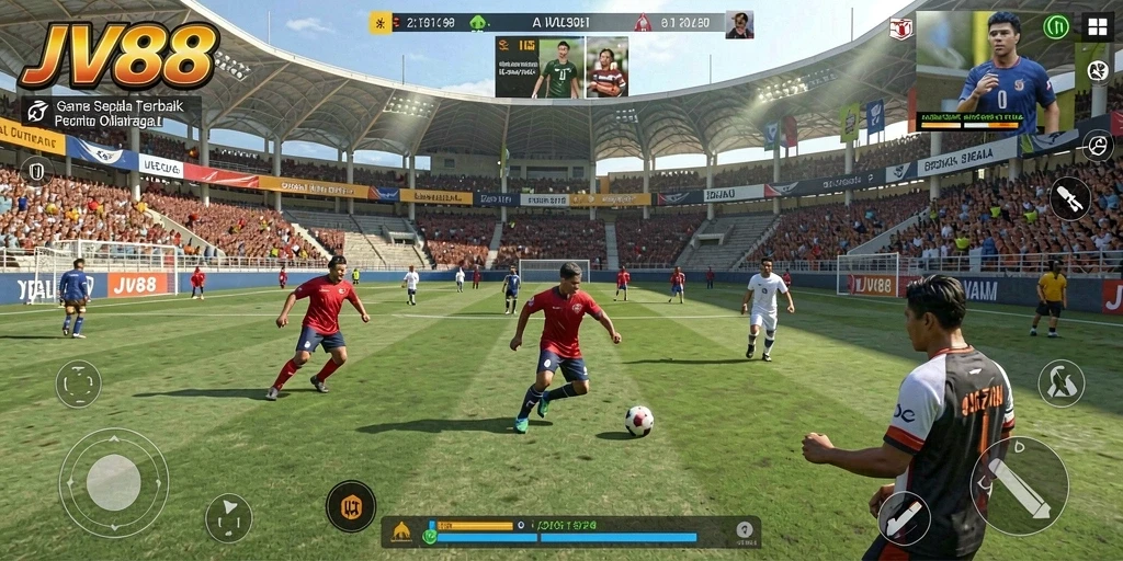 Tampilan gameplay seru dalam JV88, buktikan kemampuan sepak bola Anda.