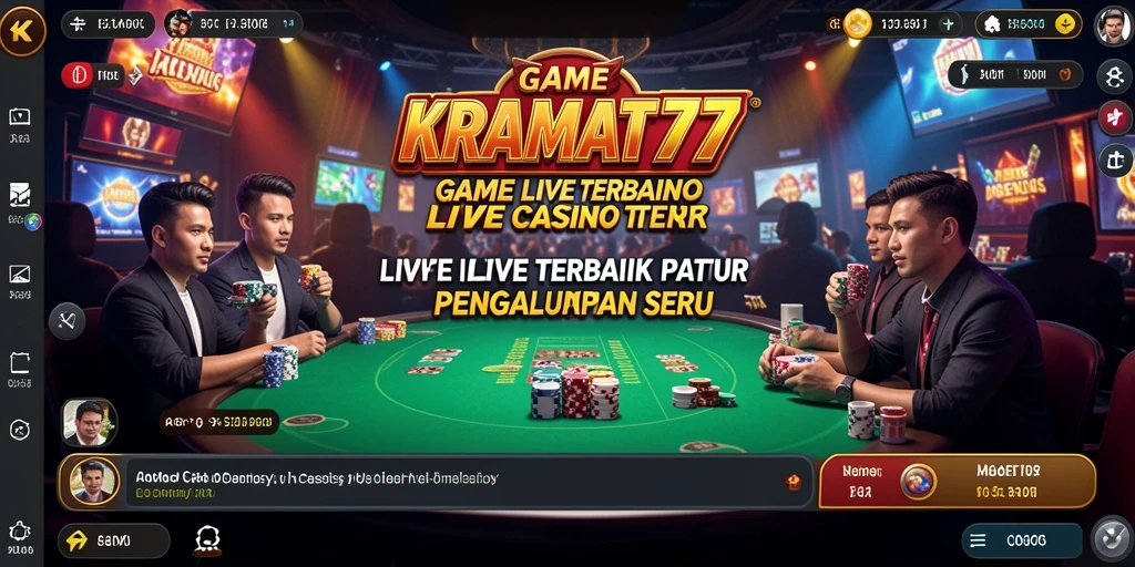 Screenshot gameplay KRAMAT77 menampilkan dealer profesional dan interaksi pemain.