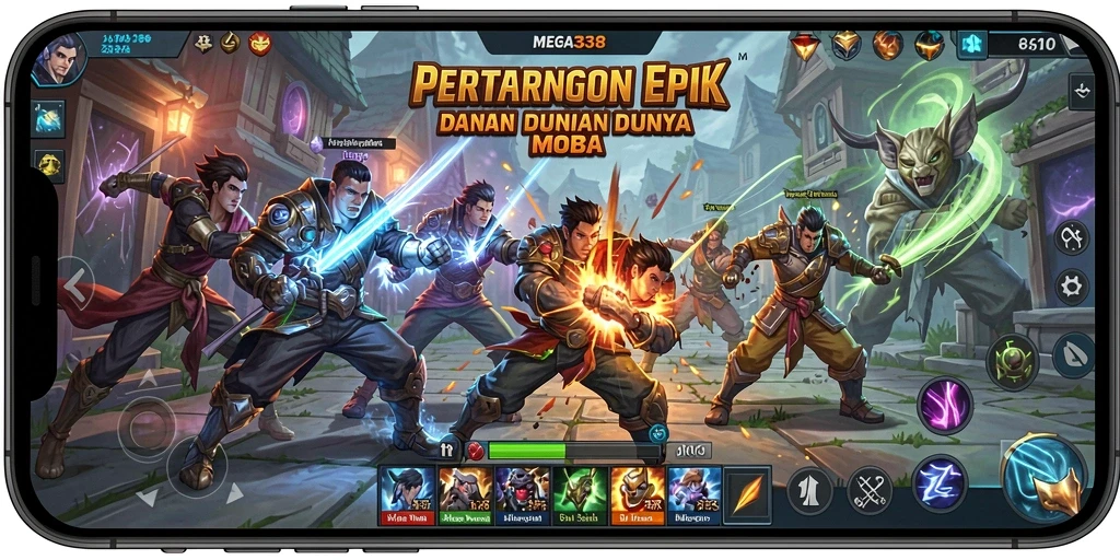 Tangkapan layar utama MEGA338 menampilkan aksi pertarungan MOBA yang dinamis.