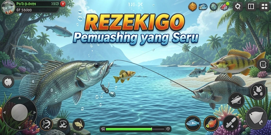 Screenshot utama REZEKIGO menampilkan momen menangkap ikan yang mendebarkan.