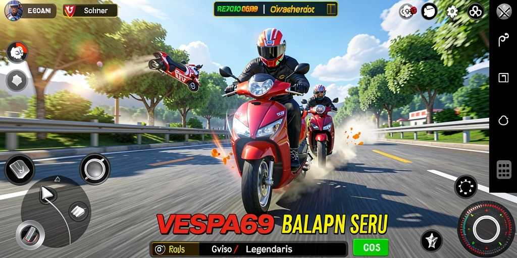Gameplay VESPA69 menampilkan balapan skuter yang seru dan menantang.