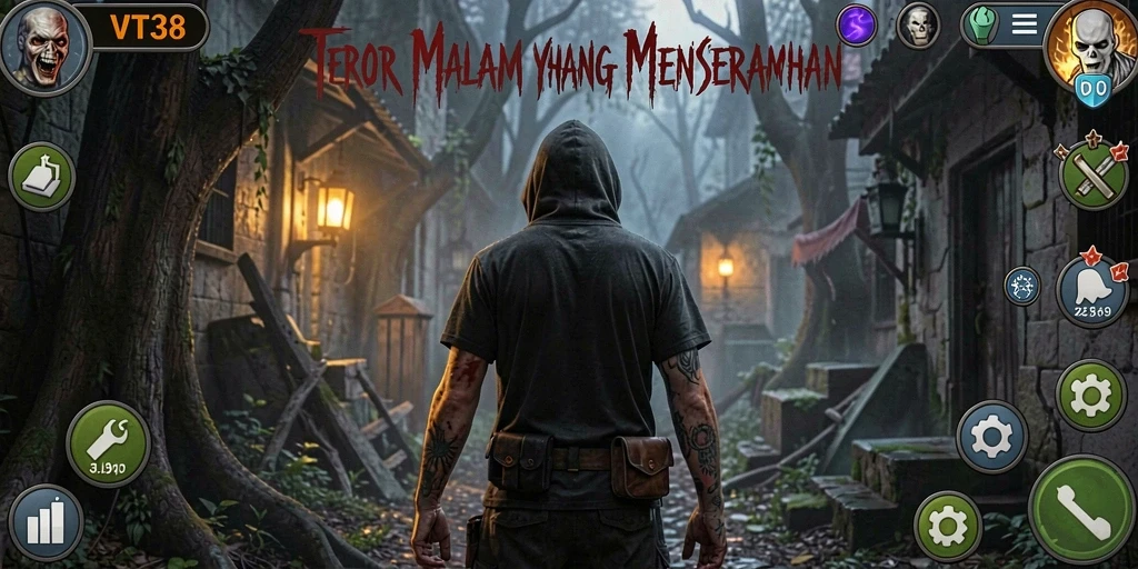 Screenshot menampilkan gameplay mengerikan VT38 dengan makhluk menyeramkan di kegelapan.