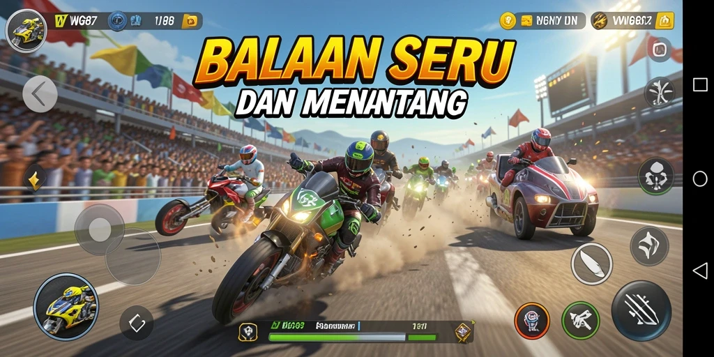 Screenshot utama dari gameplay <strong>WG87</strong> yang menunjukkan aksi balapan yang mendebarkan.